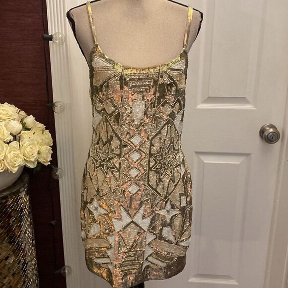 Needle & Thread Beige Sequin Dress, US6 - Picture 3 of 10